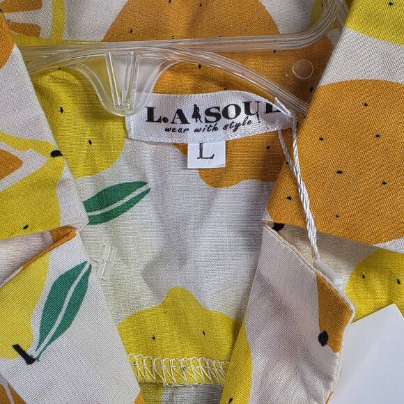 La Soul Dress Womens Large Lemon Print Belted Sleeveless Pockets Summer Casual - Picture 2 of 16